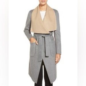 BCBGMAXAZRIA Double Face Wool Blend Wrap Coat Gray Beige Size M Drape NWOT